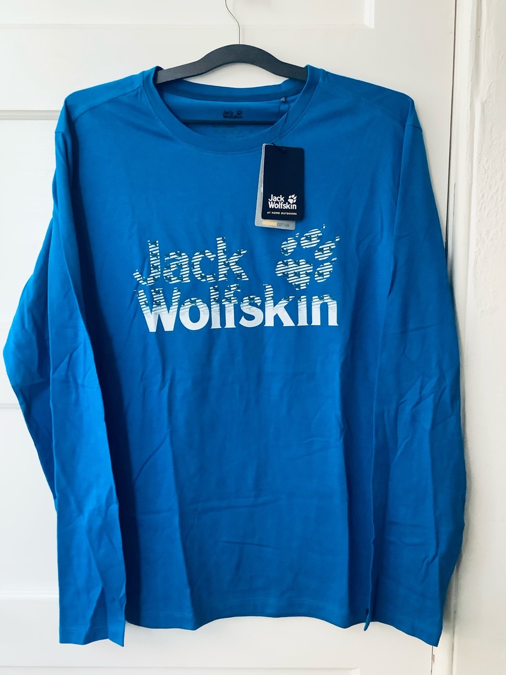 NWT Jack Wolfskin Men’s L Organic Cotton LongSleeve Logo Tee blue
